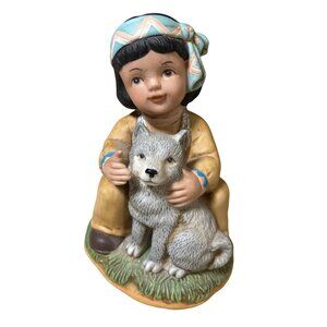 Homco Art Bisque Porcelain Native American Boy Figurine With Wolf Cub 1428